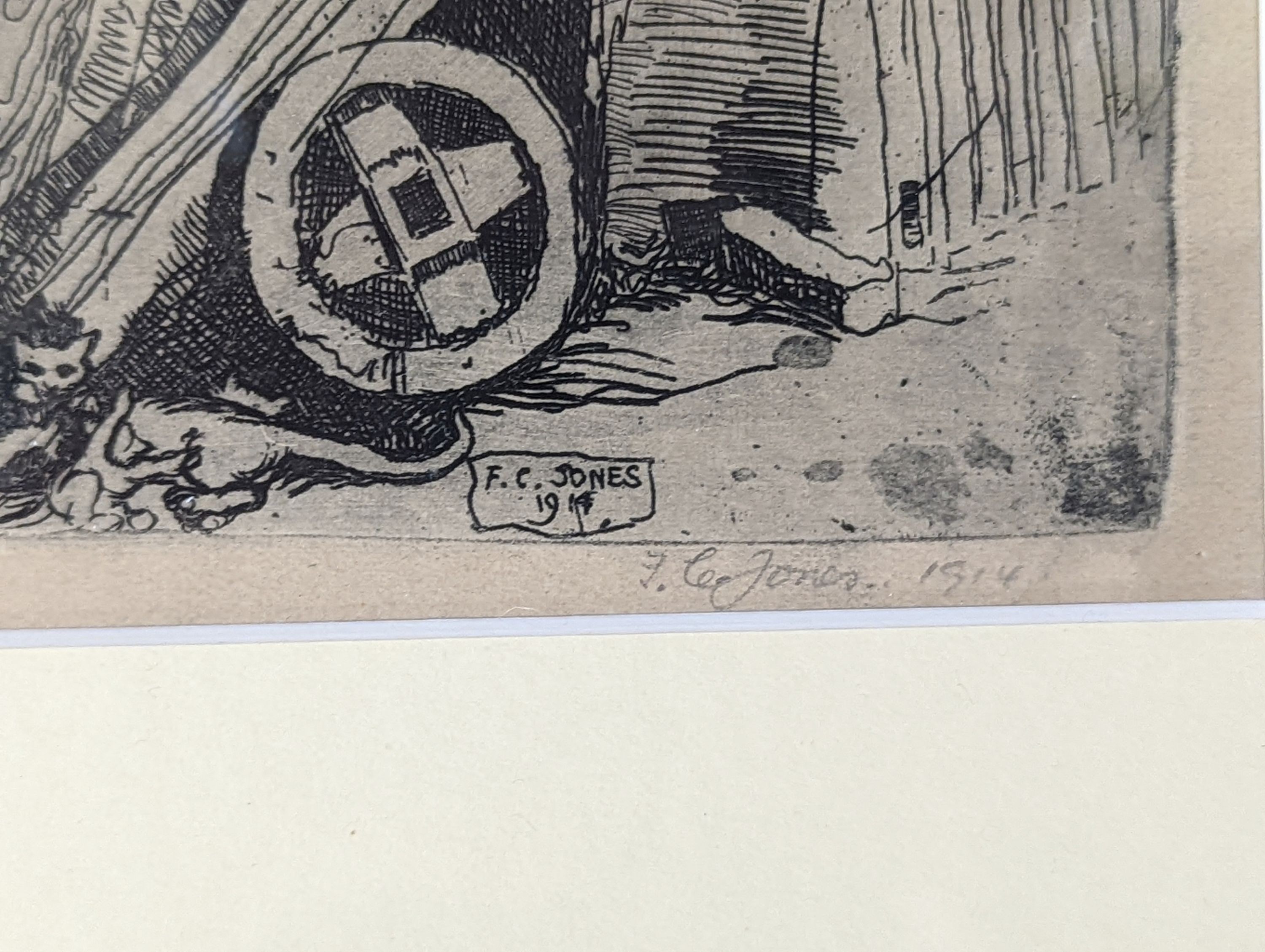 Fred Cecil Jones RBA (1891-1956), etching, Carpenter in a workshop, signed in pencil and dated 1914, 19 x 26cm
